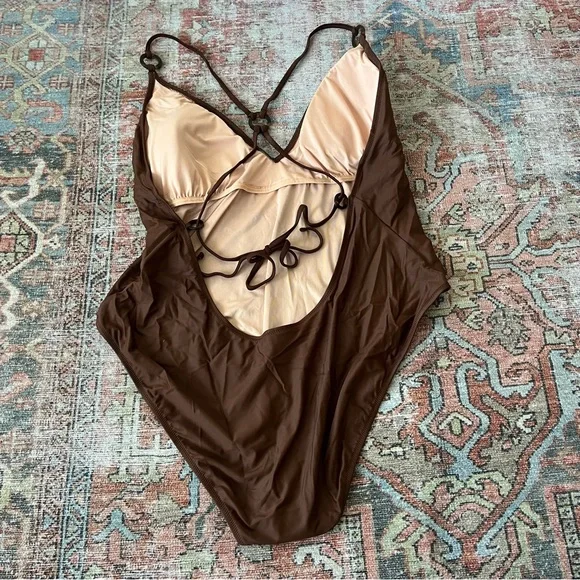 J. Crew O-Ring V-Neck One Piece Swimsuit Size 22 NWT Brown - Picture 7 of 9
